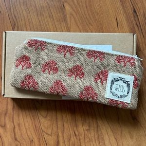 NWT Embroidered Coral Pattern Jute Pencil Pouch, Tan/Red